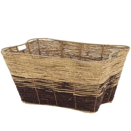 DecMode 30" x 15" Brown Seagrass Handmade Oversized Color Block Storage Basket with Slot Handles, 1-Piece