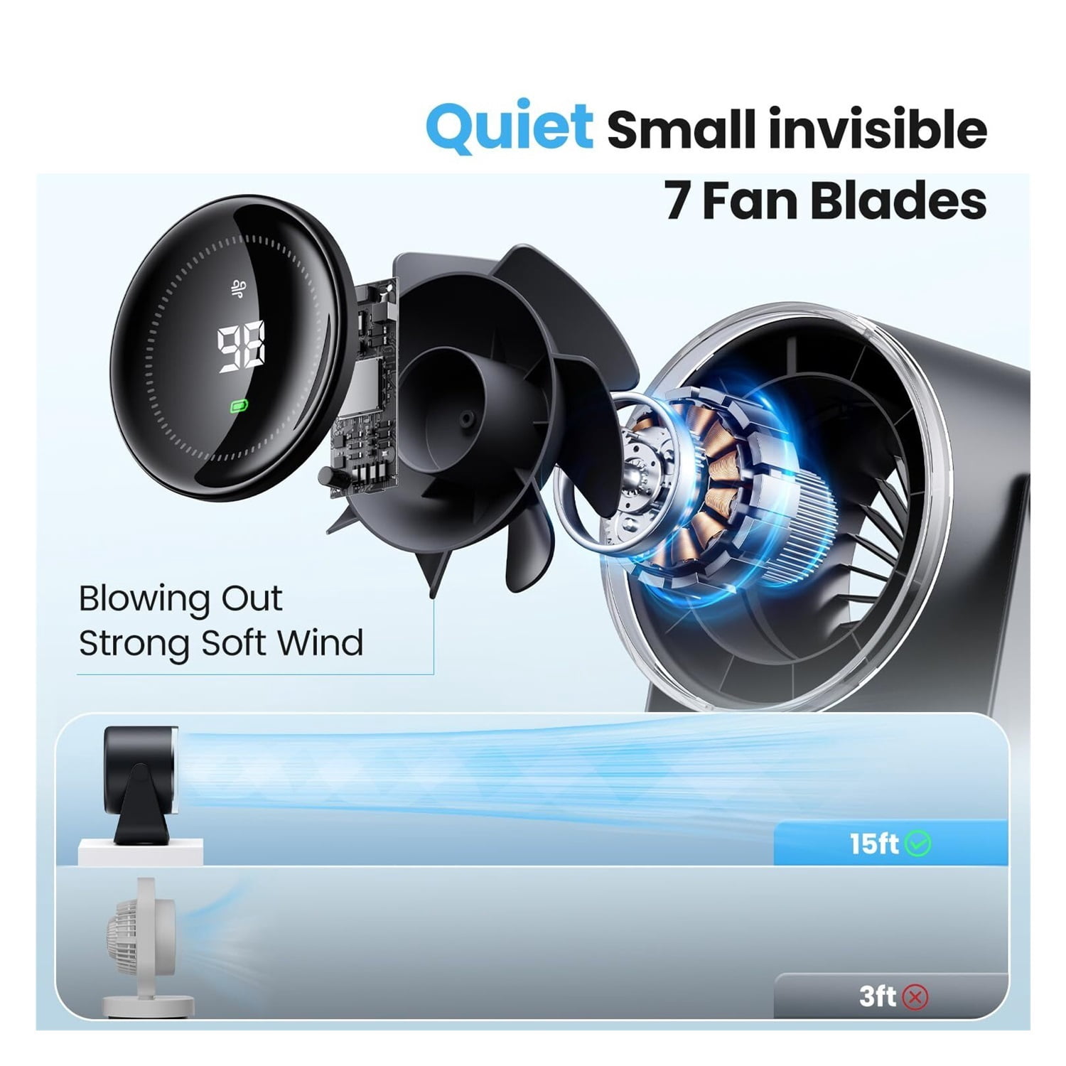 Desk Fan with Battery Operated, Quiet Digital Display Portable Fan for Office, Bedroom, Kitchen, Home, Outdoor, 100 Speeds 115° Tilt Small Travel Camping Table Fan,Bluish Black
