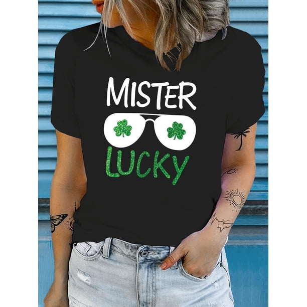 Playera estampada para mujer, divertida e inspiradora, novedosa, informal, de manga cortaSt. Patrick'S Day Stylish Glasses Printed Short-Sleeve T-Shirt - 312Father's Day, Mother's Day, New Camisetas