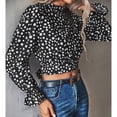 thumbnail image 2 of Blusa Estampado de puntos Manga larga Volantes Cuello redondo Puños con volantes Nudo trasero Tops de moda para mujer Negro M, 2 of 7