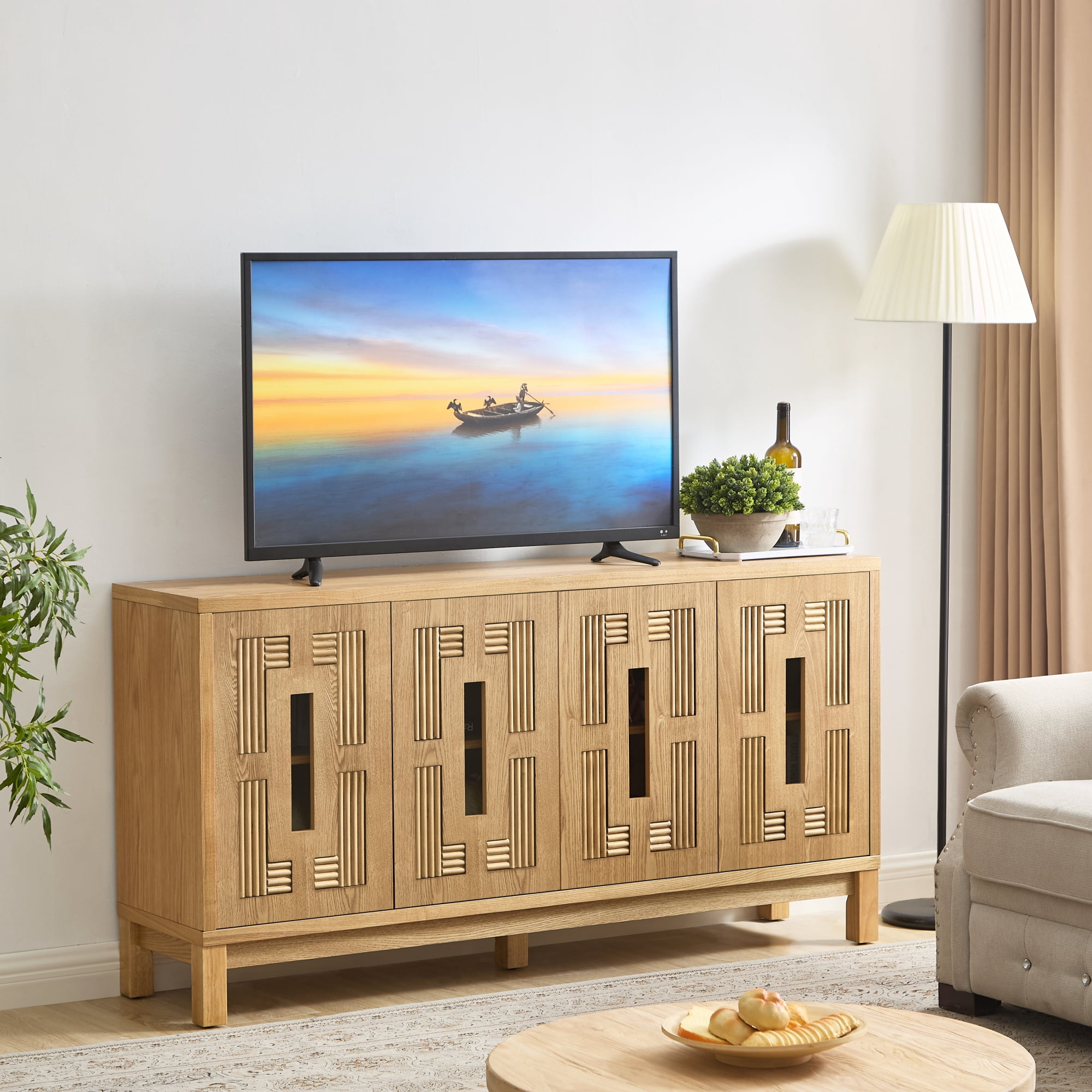 Leumius 60.7" Mid Century Modern Sideboard Buffet Cabinet with Storage,TV Media Console Table with 4 Doors & Adjustable Shelf for Kitchen Dining Living Room Entryway Hallway Natural