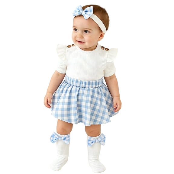 Curuila Newborn Baby Girls Romper Short Sleeve Plaid Print Crew Neck Bodysuits With Headbands Fashionable Soft Jumpsuit Blue Size 9-12 Months