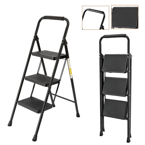 Takira 3 Step Ladder,Folding Step Stool with Wide Anti-Slip Pedal & Convenient Handrail,Multi-Use for Home & Office,Black.