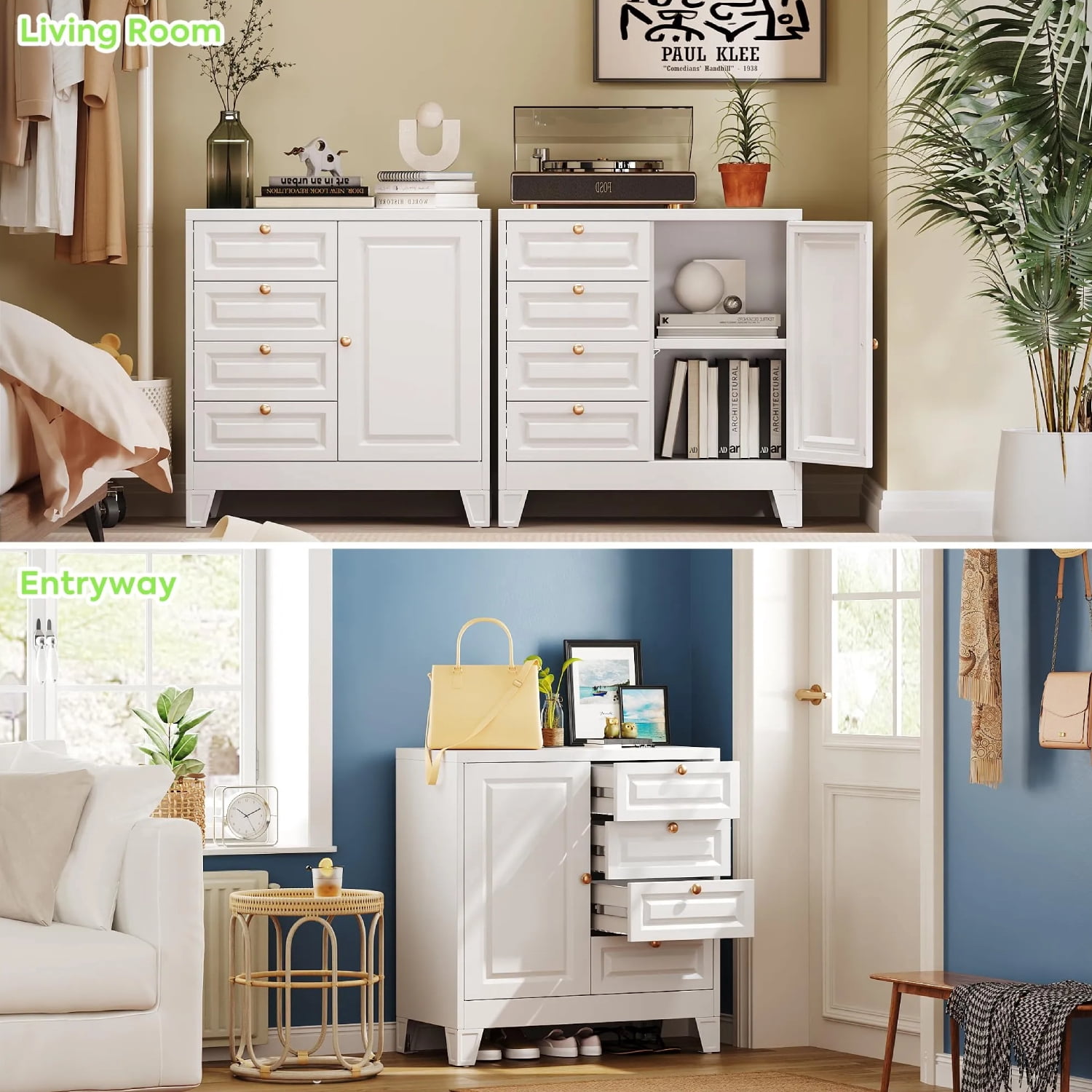 Bathroom Floor Cabinet, Wooden Storage Organizer with 4 Drawers & 1 Door, Free-Standing Cupboard for Bathroom & Kitchen, White