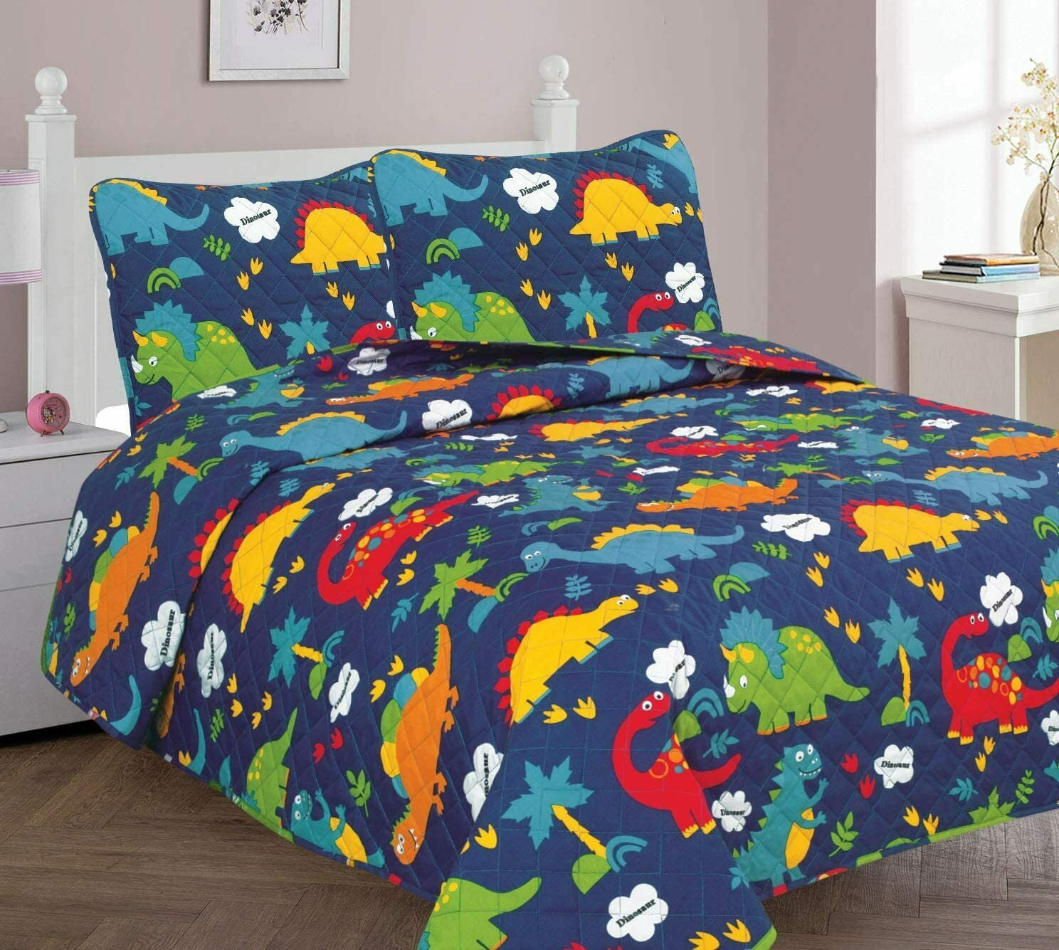 3-Piece Full Dinosaur Multicolor blue for Kids Microfiber Bedding Quilt Set, 1 Print Quilted Coverlet with 2 Matching Pillow Shams Included