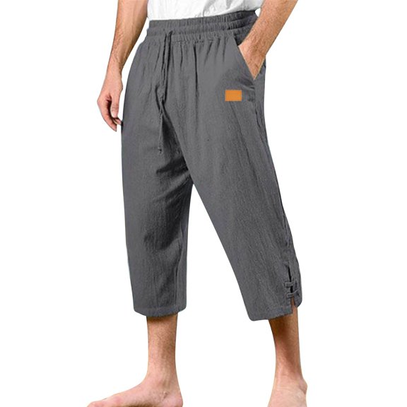 Mens Cotton Linen Capri Pants Cropped Elastic Waist Drawstring Pants, 2XL