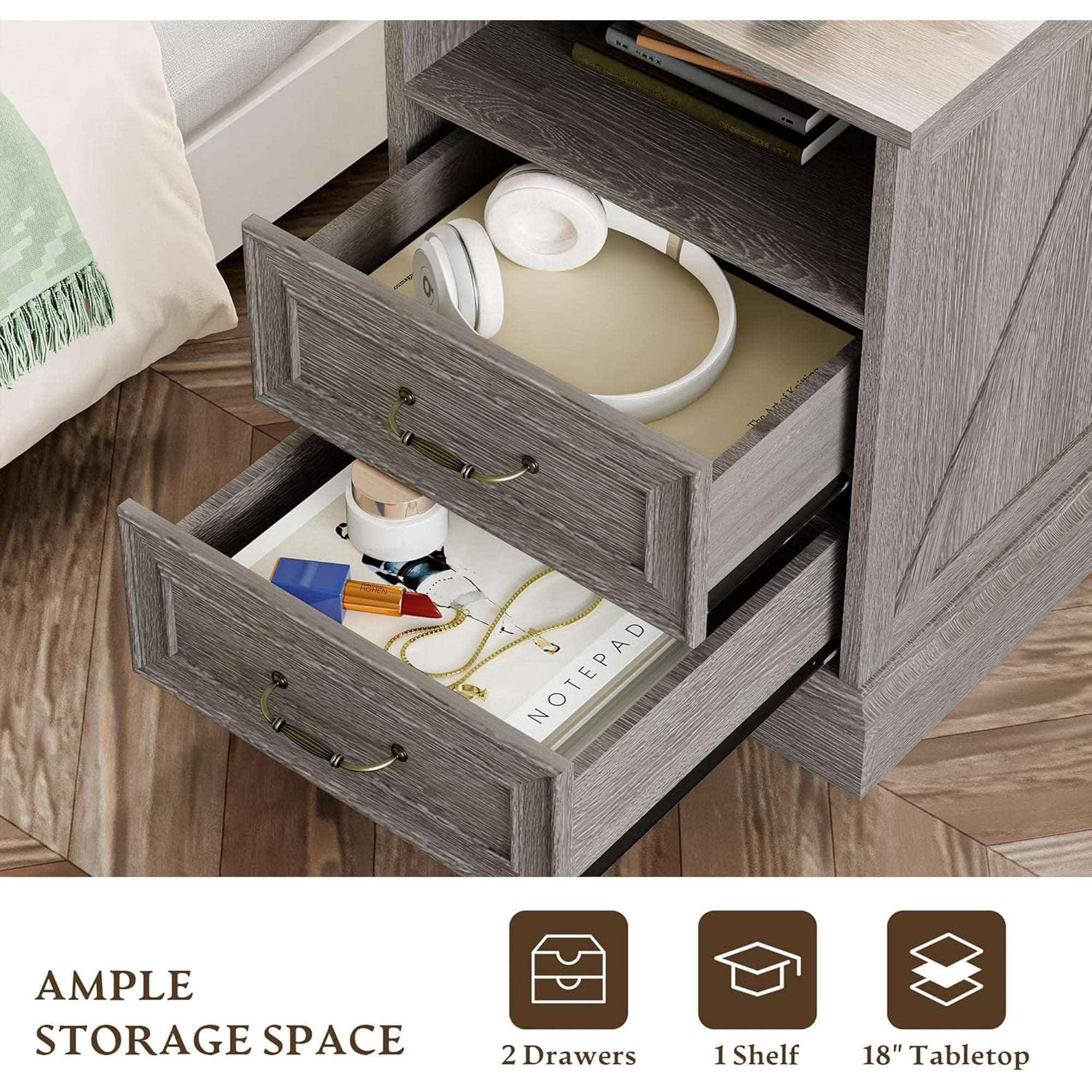 FANRAL 2 Drawers Dresser for Bedroom,Farmhouse Nightstand with Charging Station & Open Shelf,24" Wide Wooden Chest of Drawers,Rustic Storage Cabinet,Dark Gray Dresser