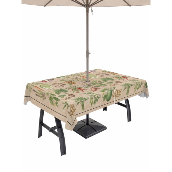 60x102 Inch Outdoor Tablecloth with Umbrella Hole Zipper Rectangle Rustic Vegetable Garden Rectangular Tablecloths Outside Waterproof Vintage Farmhouse Plants Beige Patio Table Cover for Picnic Party