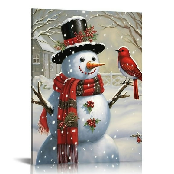 JEUXUS Snowman Wall Art Christmas Picture Winter Scene Snowman Canvas Print Stretched and Framed Ready to Hang for Wall Decor