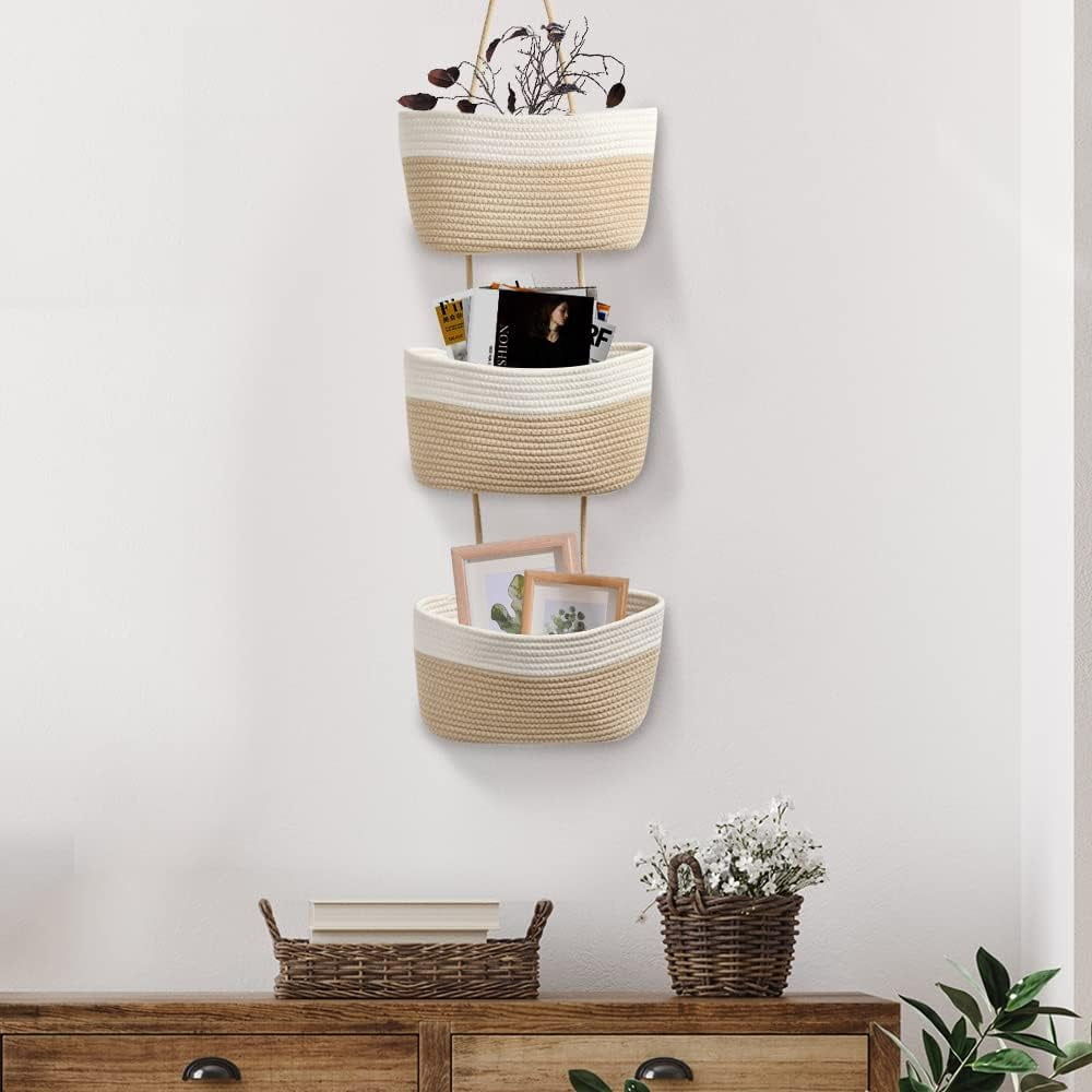 Over the Door Hanging Basket, 3-Tier Woven Cotton Wall-Mounted Storage Organizer Bag Decorative Hanging Nursery Baskets - Jute