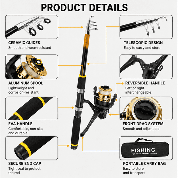 Fishing Rod and Reel Combos Set, 2.1m/6.8ft Rod with Bait & Hook & Landing Net, All in One Set for First-Time Fisherman , for River Lake Small Fish