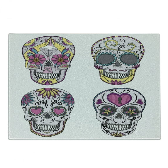 Skull Cutting Board, Colorful Ornate Mexican Sugar Shape Flower and Heart Pattern Calavera Humor, Decorative Tempered Glass Cutting and Serving Board, in 3 Sizes, by Ambesonne