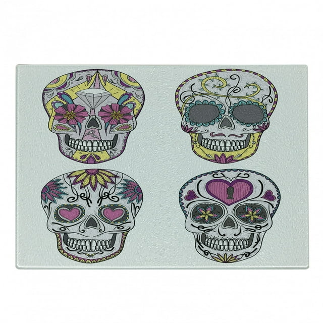 Skull Cutting Board, Colorful Ornate Mexican Sugar Shape Flower and Heart Pattern Calavera Humor, Decorative Tempered Glass Cutting and Serving Board, in 3 Sizes, by Ambesonne