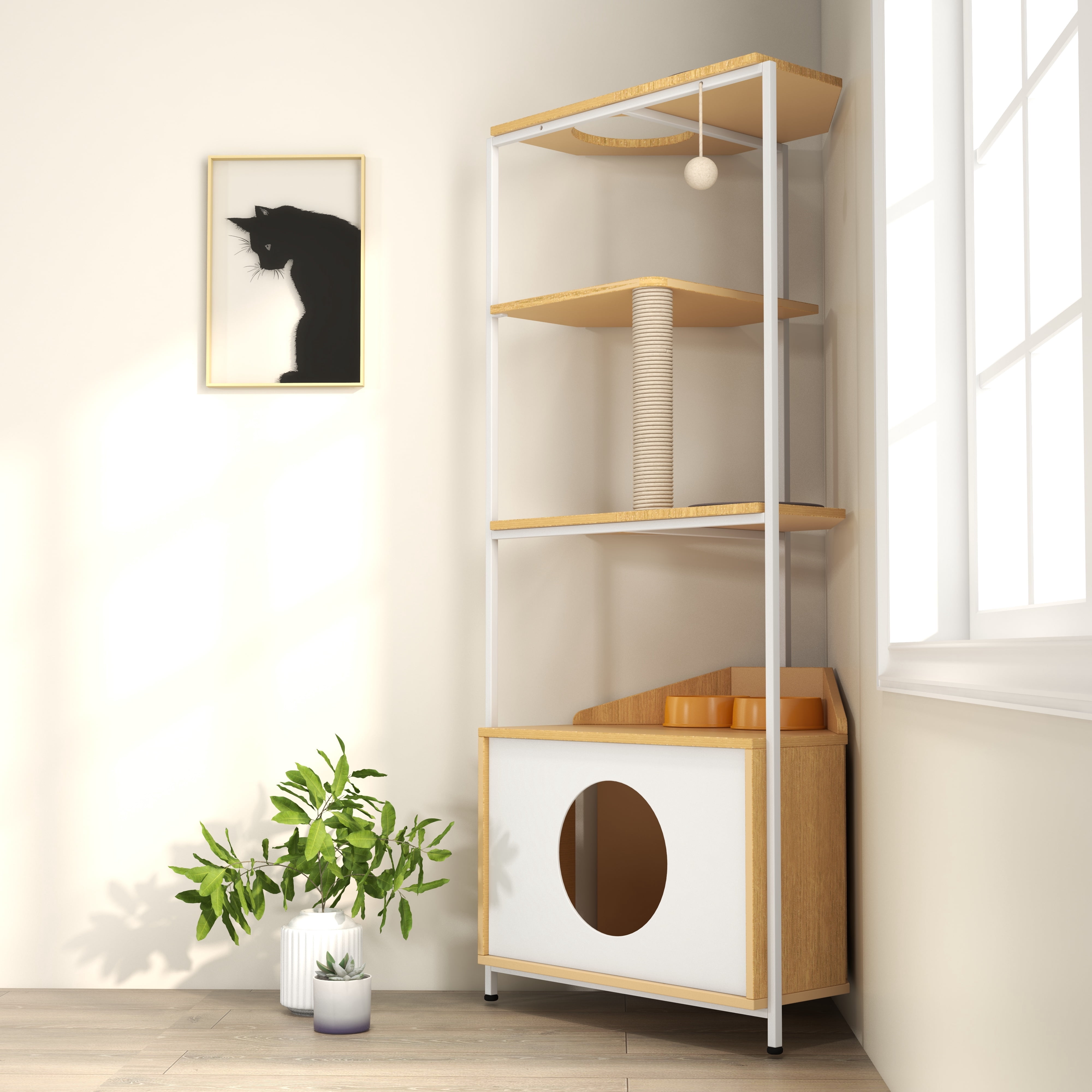Corner Cat Tower for Indoor Cats, Multi-Functional Cat Tree with Scratching Post, Cat Condo, Feeding Station and Climbing Platforms, Space-Saving Corner Pet Furniture
