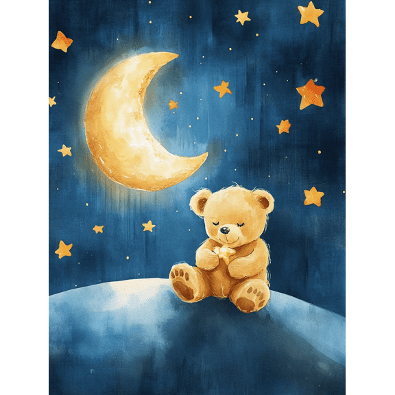 Qisvanset Cute Teddy Bear and Moon Night Canvas Wall Art, 15.75x11.81 Inches, for Bedroom Living Room Nursery Kids Room Playroom