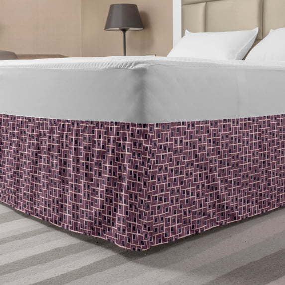 Abstract Bed Skirt, Continuous Composition Cubes Geometric Elements in Violet Tones Print, Elastic Bedskirt Dust Ruffle Wrap Around for Bedding Decor, 4 Sizes, Dark Purple Grey Blush, by Ambesonne