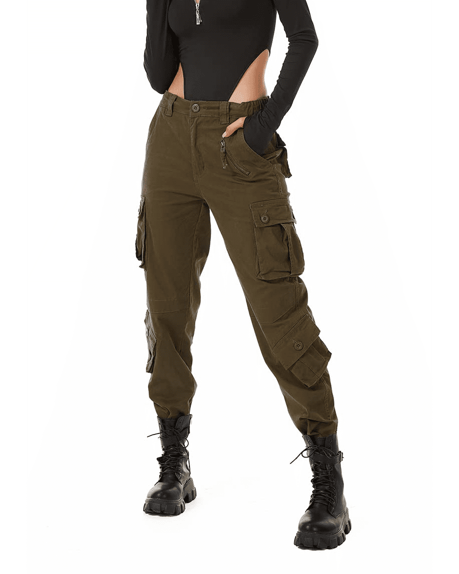 Omthaka Women's Cotton Cargo Pants with 8 Pocket,Brown Size 10