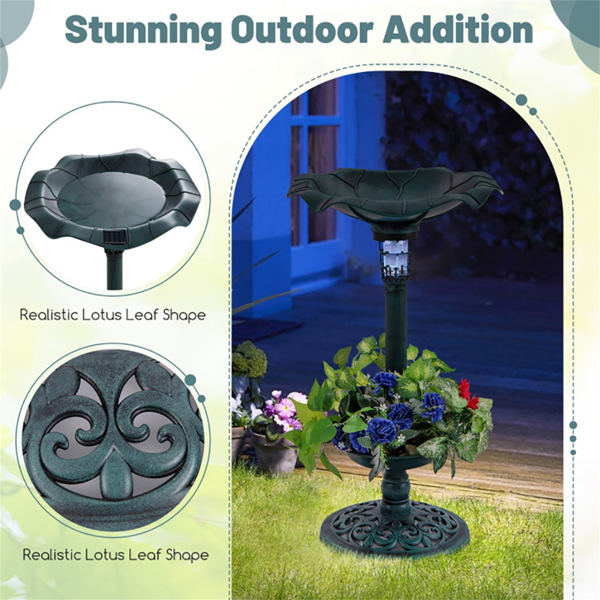 Kadyn 30" Outdoor Garden Bird Bath with Solar Light, Weather Resistant Pedestal, Backyard Bird Feeder and Flower Planter, Green