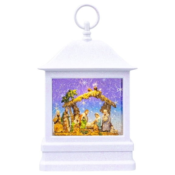 LED Holy Family Swirl Lantern Rectangular White 11 inch Acrylic Holiday Globe