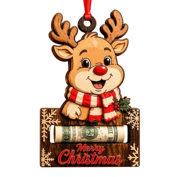 Christmas Cash Gift Holder Ornament with Wooden Reindeer Design, 1 Pack, Red and Brown, for Christmas Tree Hanging Decoration