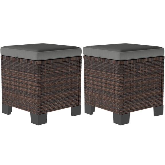 Homiyad 2 Pieces Wicker Outdoor Ottomans with Cushions, Rattan Ottoman Footrest & Side Table for Patio Yard Poolside, Gray