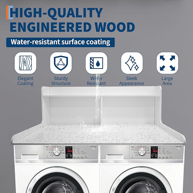 2 Tier Washer Dryer Countertop with Shelf, 54x27.5 Inch Waterproof Wood Laundry Room Topper, Large Washer and Dryer Topper with Storage for Laundry Organization, White