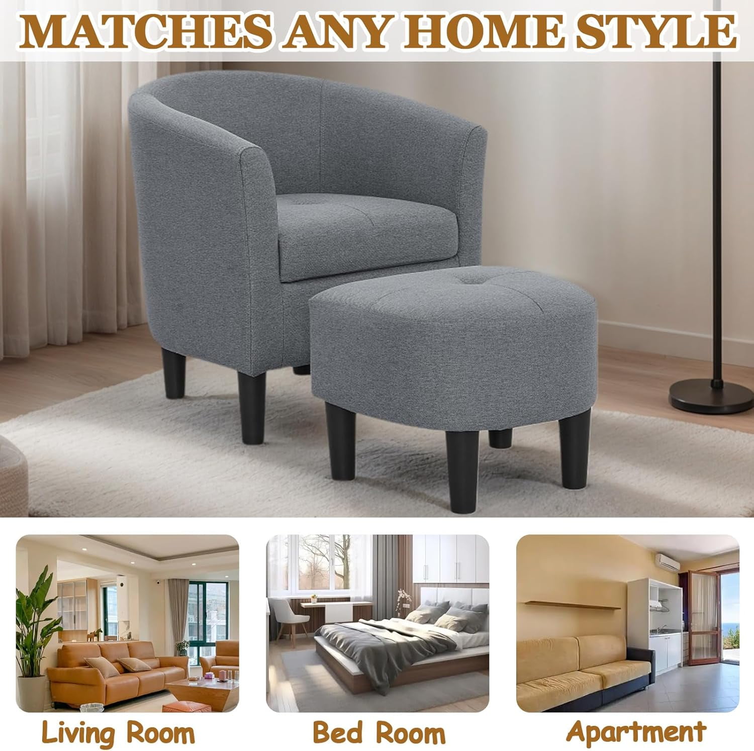 AENKYO Mid-Century Modern Accent Chair with Ottoman - Barrel Armchair & Footrest Set, Comfy Ergonomic Design for Living Room, Bedroom, Home Office - Grey