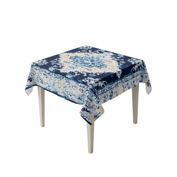 Vintage Ethnic Table Cloth, Boho Tribes Modern Blue Middle Century Waterproof Tablecloth for Square Tables, Reusable Washable Fabric Table Cover for Restaurant Kitchen Dining Tables 54"x54"