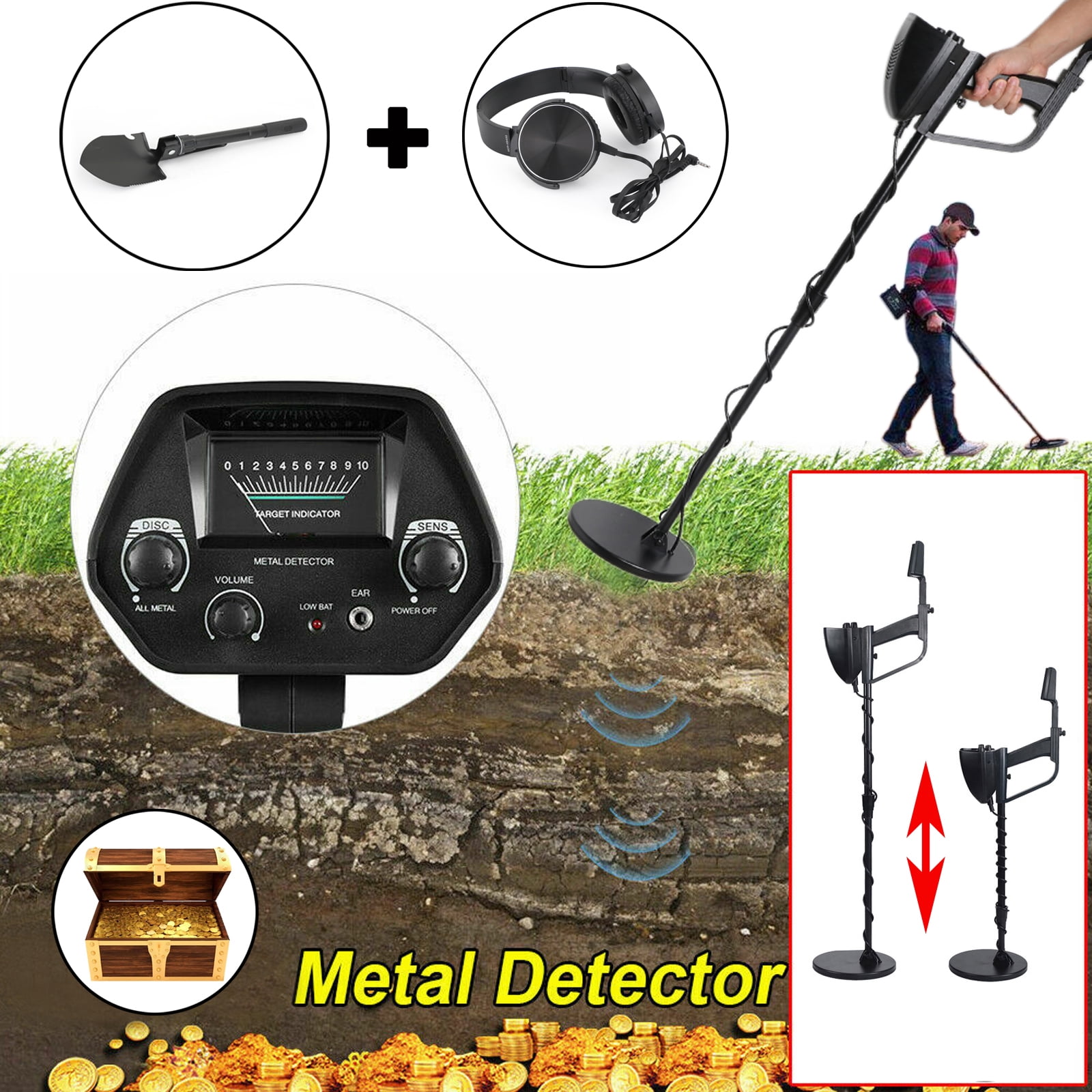 Folding Metal Detector Gold Digger Hunter Deep Sensitive Waterproof Coil+Headset