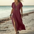 thumbnail image 2 of Plus Size Women's Dress Solid Color Maxi Dresses with Cotton Linen Short Sleeved V-neck Side Slit Dress Side Pockets Long Skirt Summer Vacation Holiday Beach Party S-XXL, 2 of 7