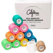 California Basics Self Adhesive Bandage Wrap, Multicolored Neon Tape, 2 Inches Wide, 5 Yard Roll, 12 Pack