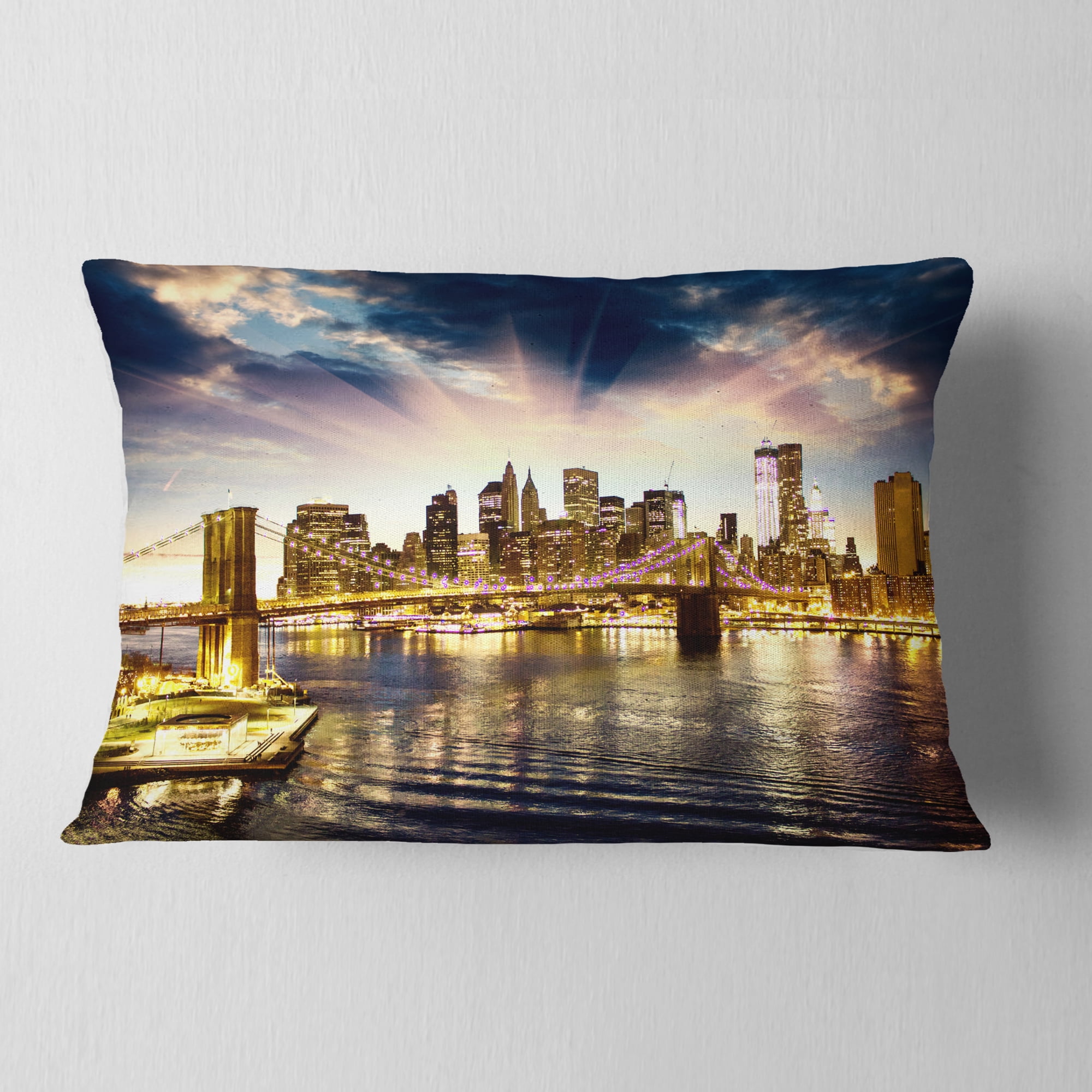 Designart Brooklyn Bridge and Manhattan Skyline - Cityscape Throw Pillow - 12x20