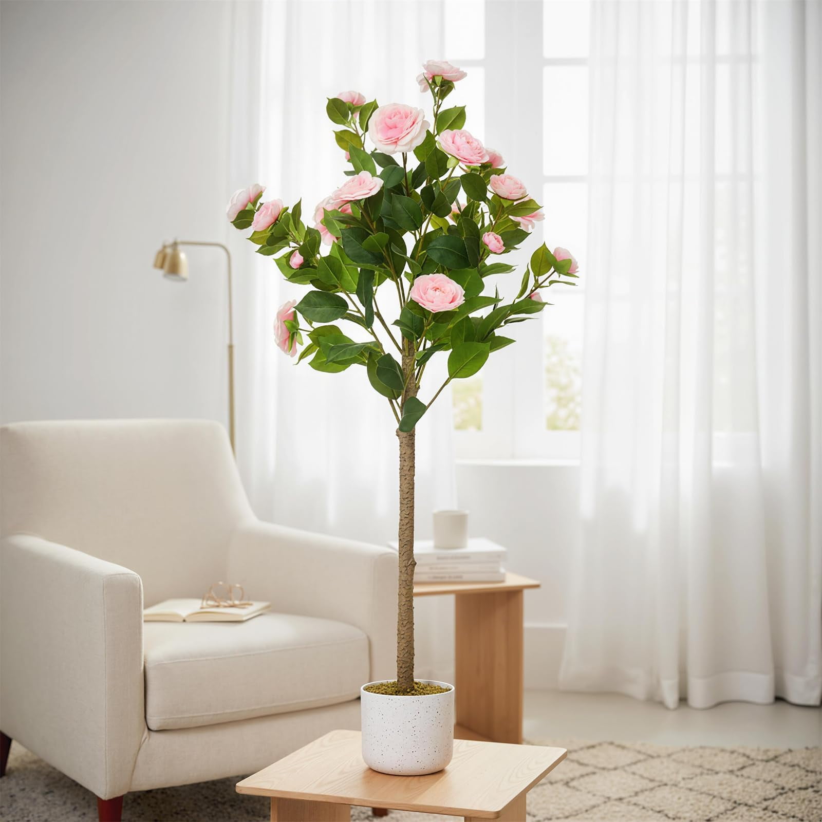 3.6FT Artificial Camellia Tree, Realistic Faux Plant in Pot with Flowers, Artificial Plants for Spring Home Decor Outdoor Porch Front Door Decor 2 Pack