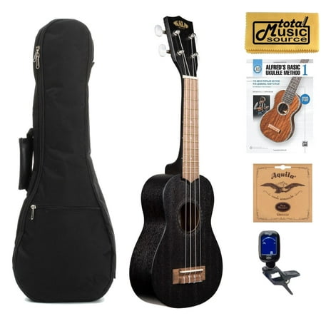 Kala KA-15S BLK Satin Mahogany Soprano Ukulele (Black), Beginner Book Bundle