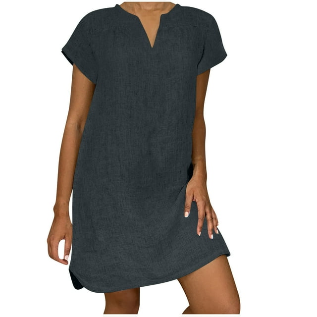 Admvng Robes pour Femmes Grande Taille Coupe Ample Col en V Été Uni Manches Courtes Coton Lin Robe Trapèze d'Été P-5TG