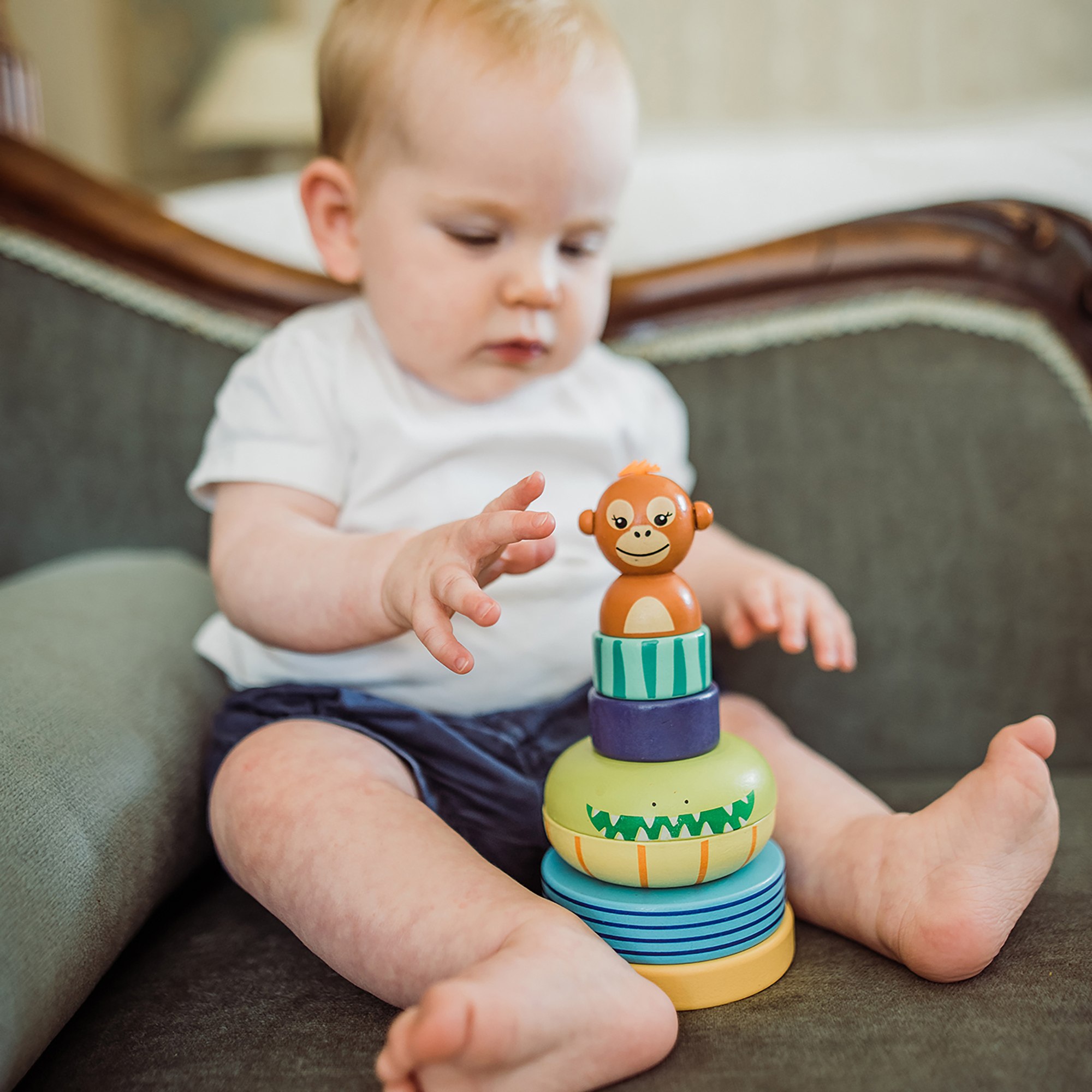 Orange Tree Toys: Stacking Ring: Jungle Animals - Wooden Colorful Stacking Puzzle Toy, Size & Motor Skills Developmental Toy, Toddler & Kids, Ages 1+