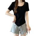thumbnail image 3 of Sexlip Womens Short Sleeve Henley T Shirt Button Front Design Ribbed Fabric Casual Silhouette for Daily Errands Black L, 3 of 7