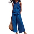 thumbnail image 2 of Women Summer 2 Piece Outfits Sleeveless Ruffle Top Wide Leg Pants Set with Pockets Blue XL, 2 of 8