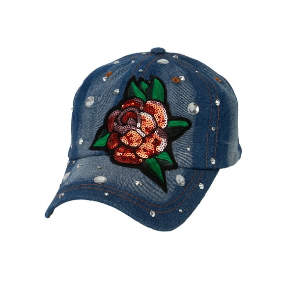 Top Headwear Glitter Rose Patch Denim Baseball Cap
