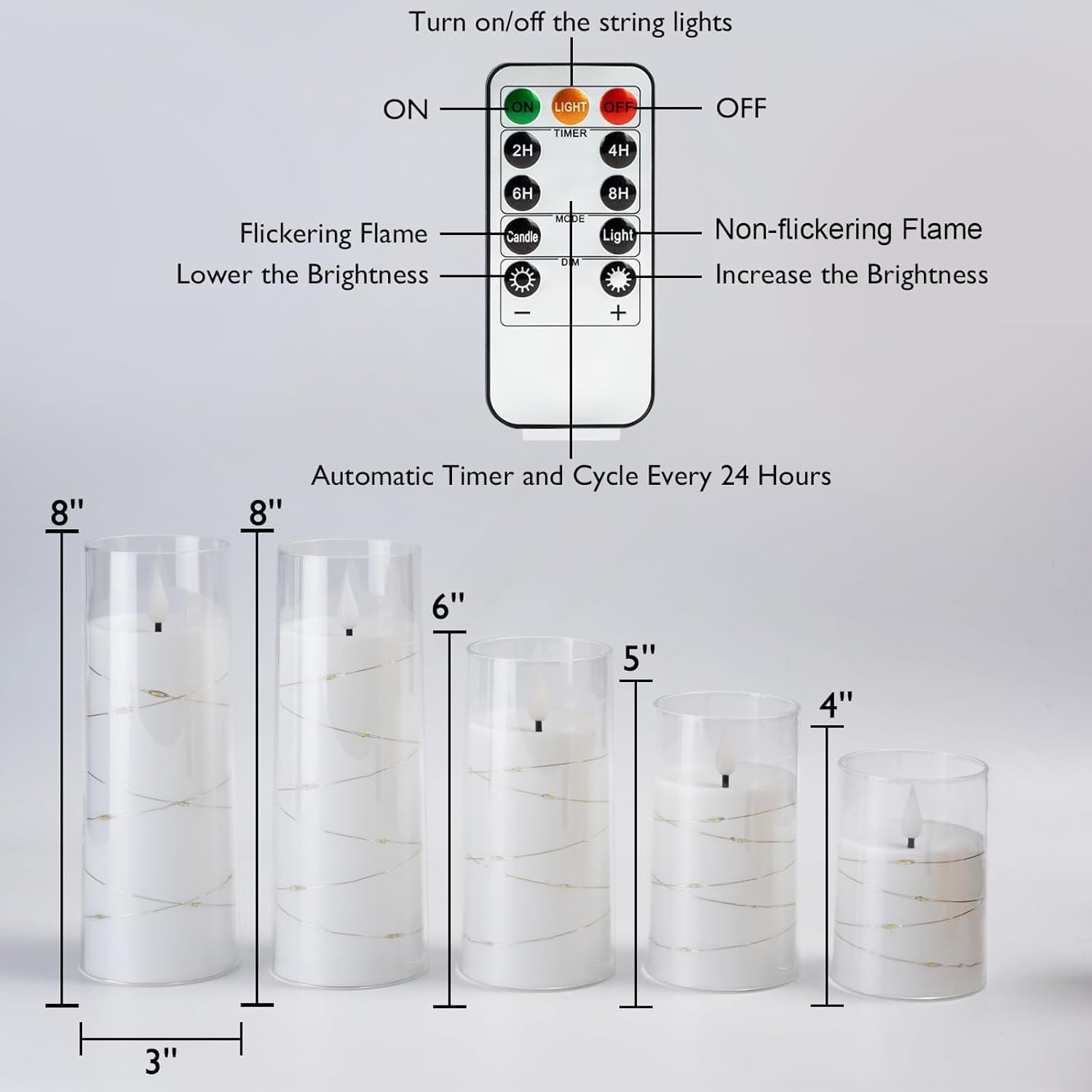Homemory Pure White Flameless Candles with Embedded Star String Fairy Lights, Battery Operated Candles, LED Candles, Fake Candles with Remote Control and Timer, Set of 5(H4 5" 6" 8" 8")
