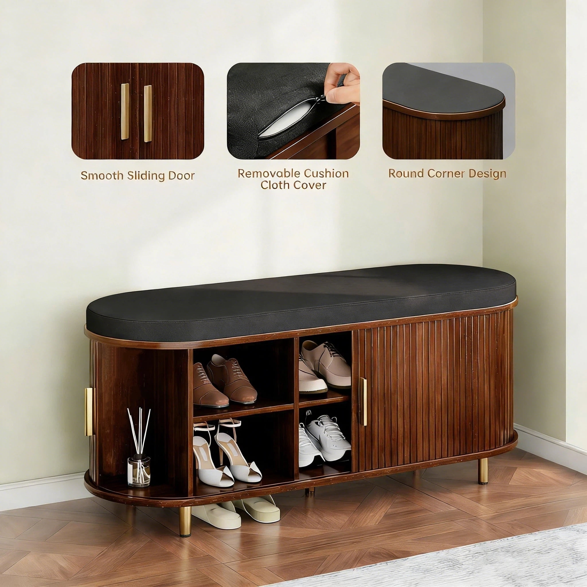 Aisword 2-Tier Shoe Bench Storage with Sliding Door, Padded Cushion, Adjustable Shelf, Walnut