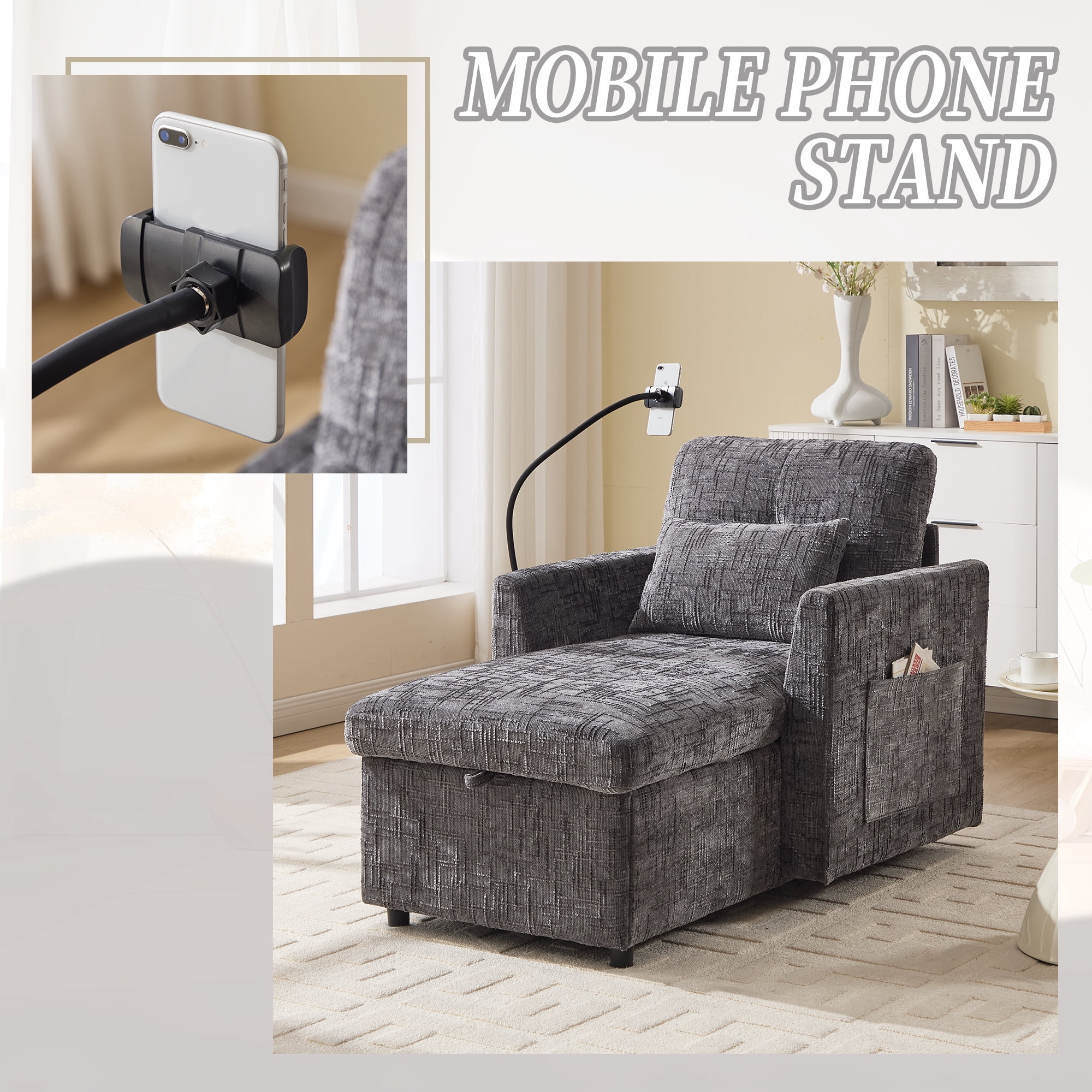 Aukfa Storage Chaise Lounge Single Sofa with Phone Holder and Pillow for Living Room Bedroom, Chenille, Gray