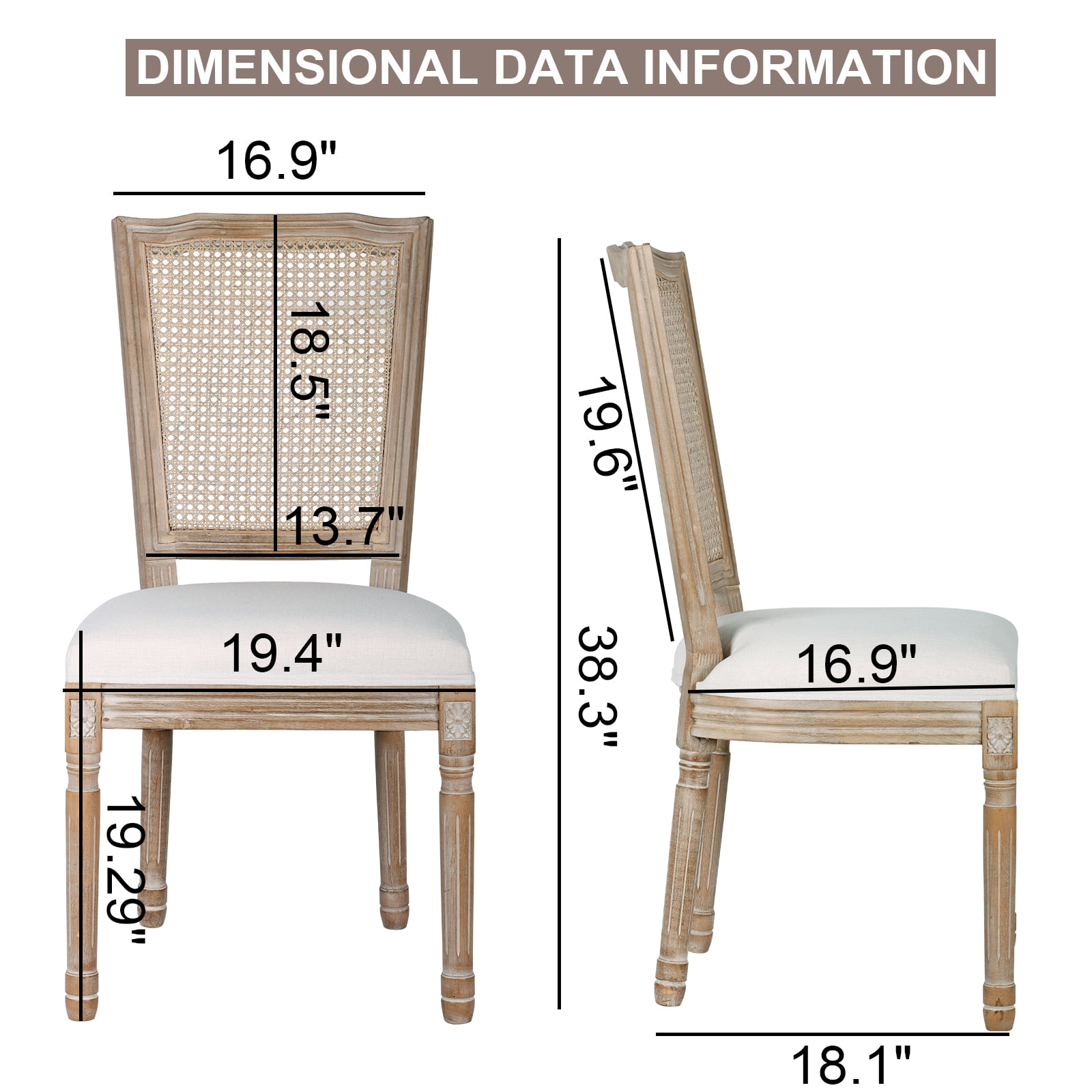 French Dining Chairs Set of 2 Beige Natural Fabric Square Back with Solid Wood Legs and Frame for Bedroom Dining Room Kitchen