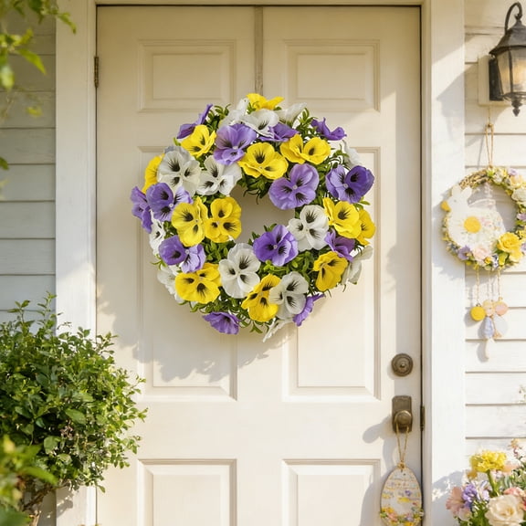 Spring Pansy Wreath with Eucalyptus, 14 Inch Artificial Floral Wreath for Front Door, Outdoor Home Decor for Wall Porch Patio