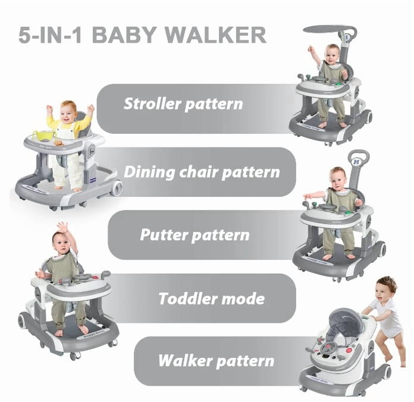 LHUAI 5-in-1 Baby Walker With Bouncer, Removable Footrest, Feeding Tray & Music, Foldable & Adjustable Activity Walker For Boys And Girls, Toddler Infant, Grey