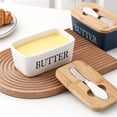 thumbnail image 4 of Ceramic Butter Dish with Wooden Lid, Dingrich Large Butter Container Keeper Storage with Stainless Steel Butter Knife Spreader, Bamboo Cover and Silicone Sealing Ring-White, 4 of 5