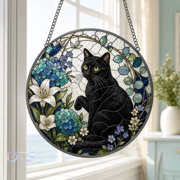 Acrylic Suncatcher Black Cat , Floral , Gift for Cat Lovers