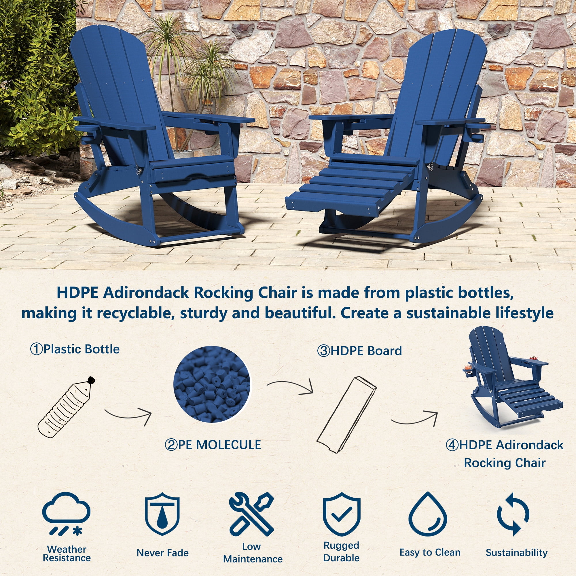 FOOWIN HDPE Plastic Rocking Adirondack Chair Set of 2, Folding Rocking Chairs for Patio Porch Rocker Chair, Blue