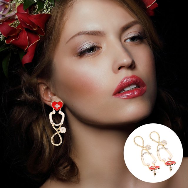 OULII 1 Pair Trendy Statement Earring Stethoscope Shape Golden Alloy For Nurses And Healthcare Workers 6.5X2.1CM