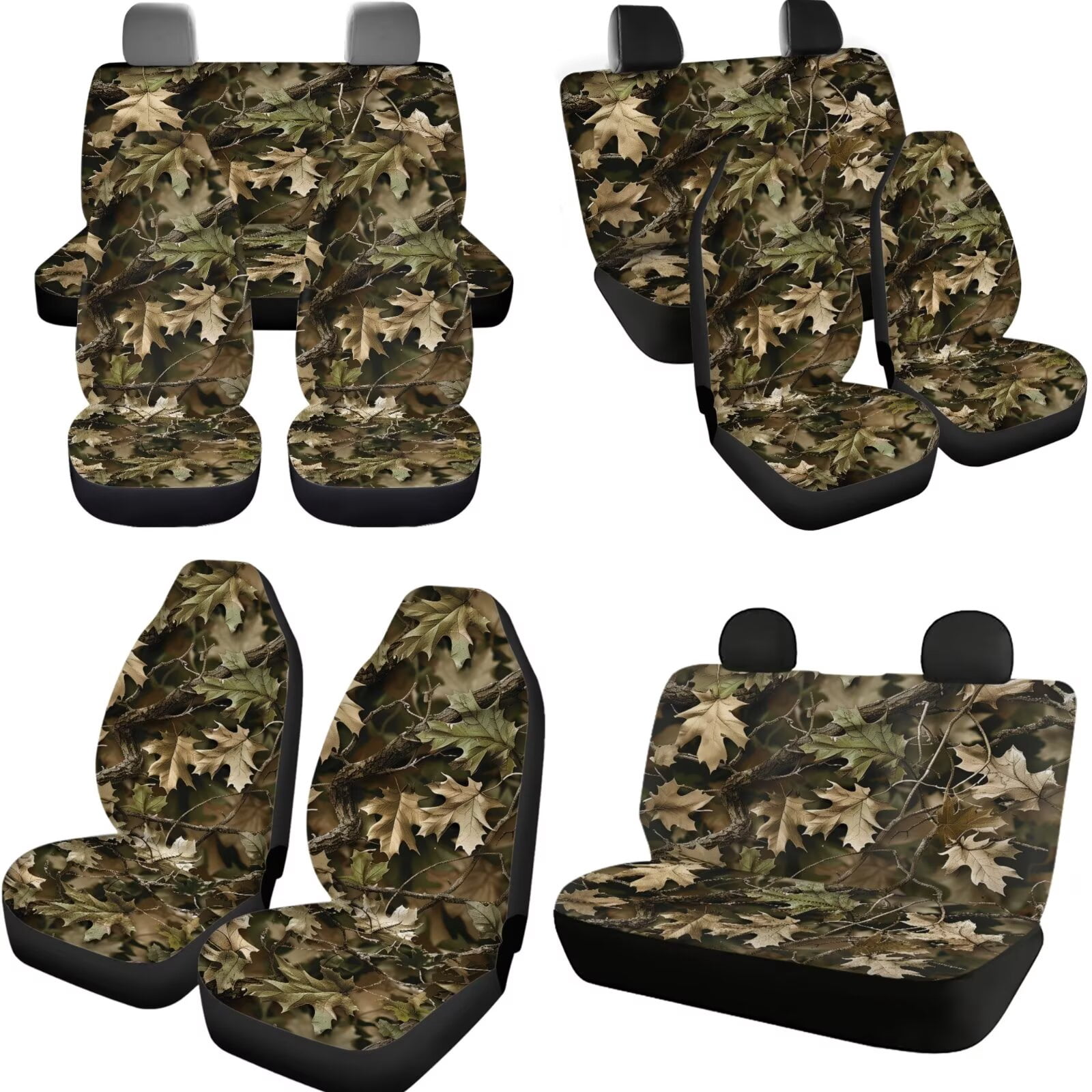 Jeiento Green Camo Hunting Car Seat Covers Full Set with Headrest Covers, Auto Keychain Holder, Cup Coasters, Gear Shift Cover, Handbrake Cover, 11 Piece Automobile Interior Sets